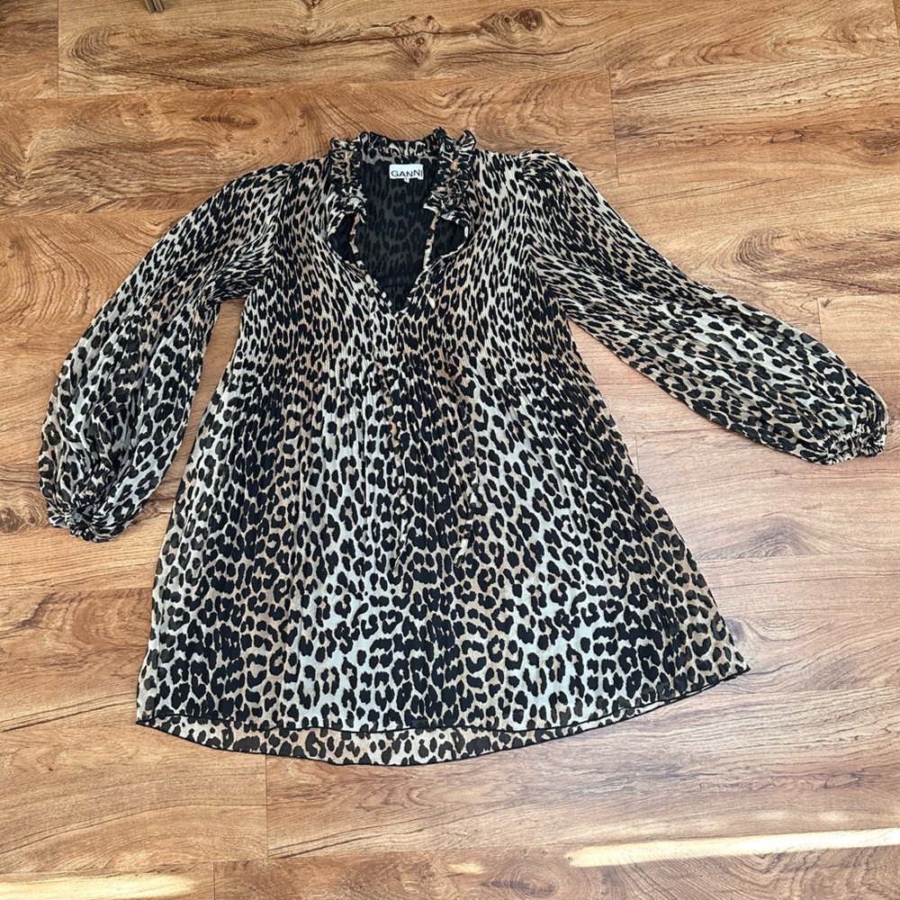 Ganni pleated georgette dress leopard size 32